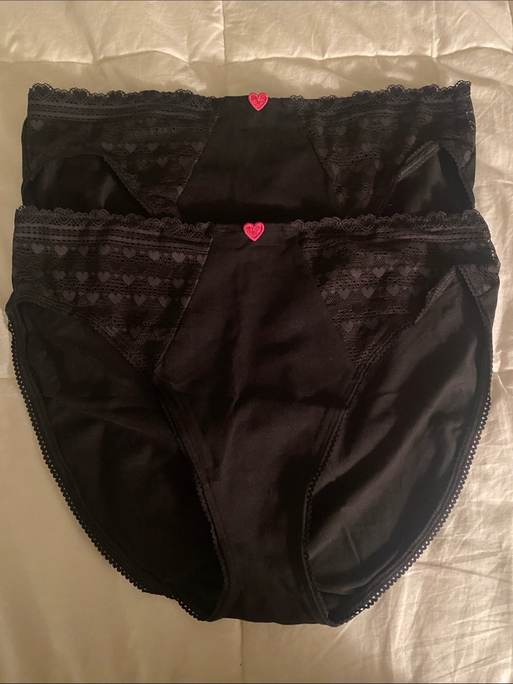 Victoria Secret 2 Pair Black Heart Lace Trim High Leg Brief Panties